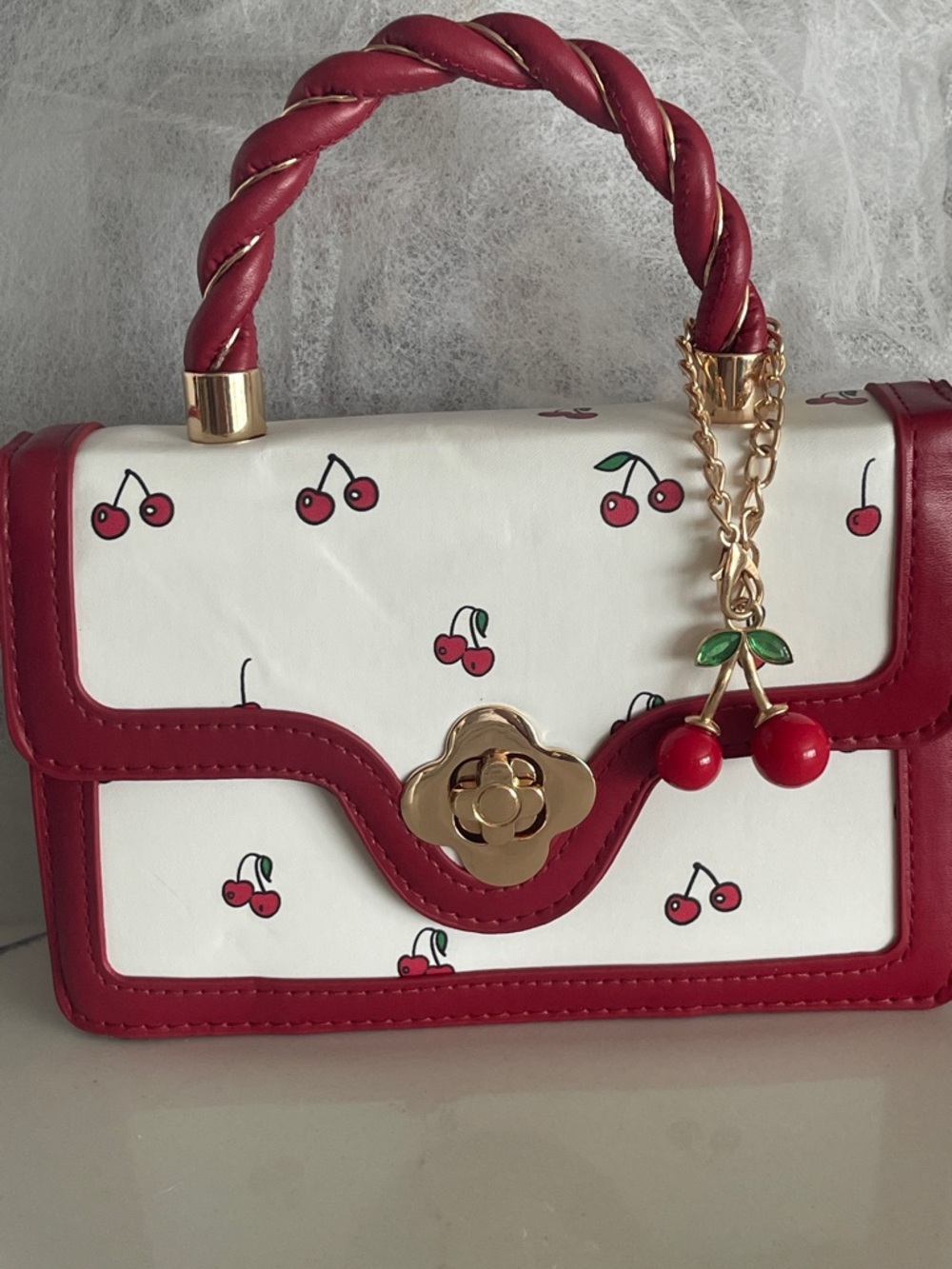 Red & White Cherry-Print Top Handle Bag